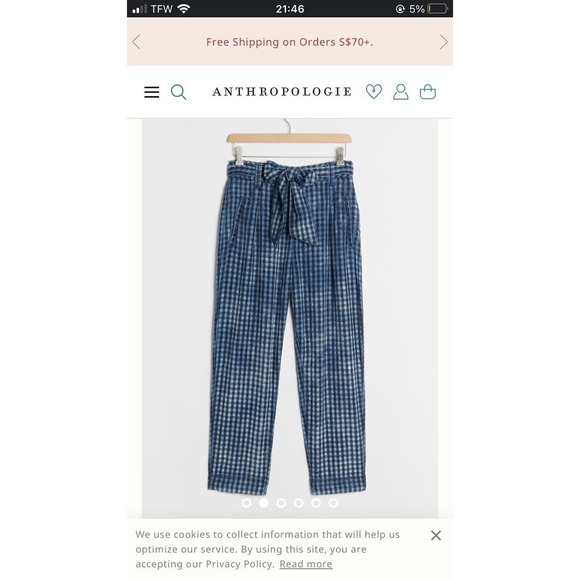 Maeve| Anthropologie Avryl Bleached Slim Pant High Waist Belt Blue Plaid Size 4 - Picture 3 of 8